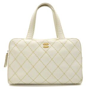 Authentic CHANEL CC Wild Stitch Vintage Quilted Bowler Hand Bag Tote Lambskin